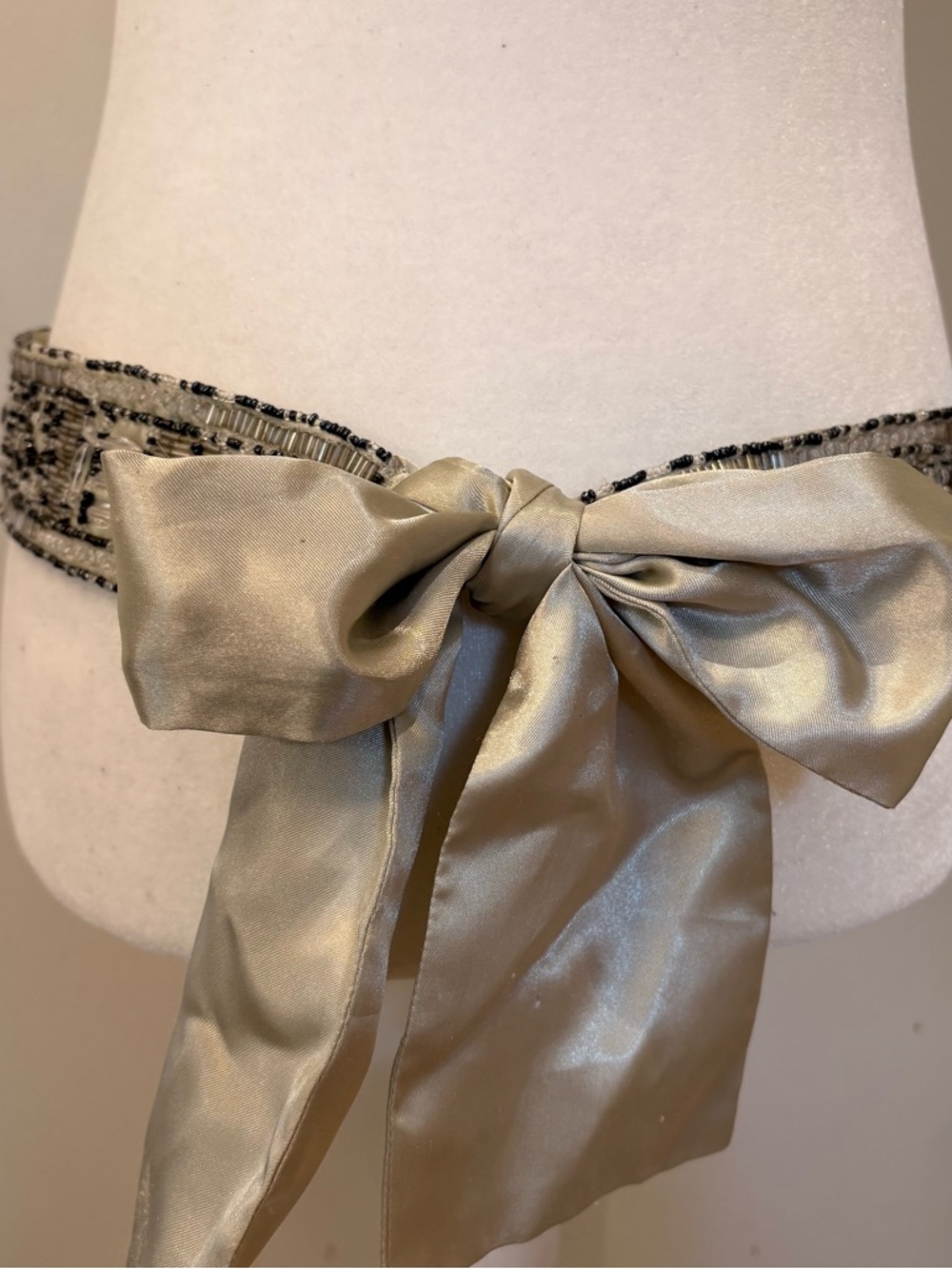 Vintage Beaded Satin Bow Tie Waist Belt in Champagne Satin